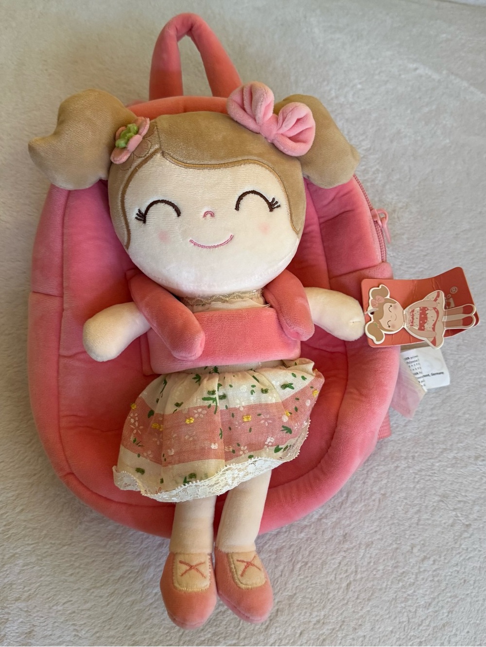 Plush Pink Doll Backpack with Floral Skirt - Soft Carry Doll